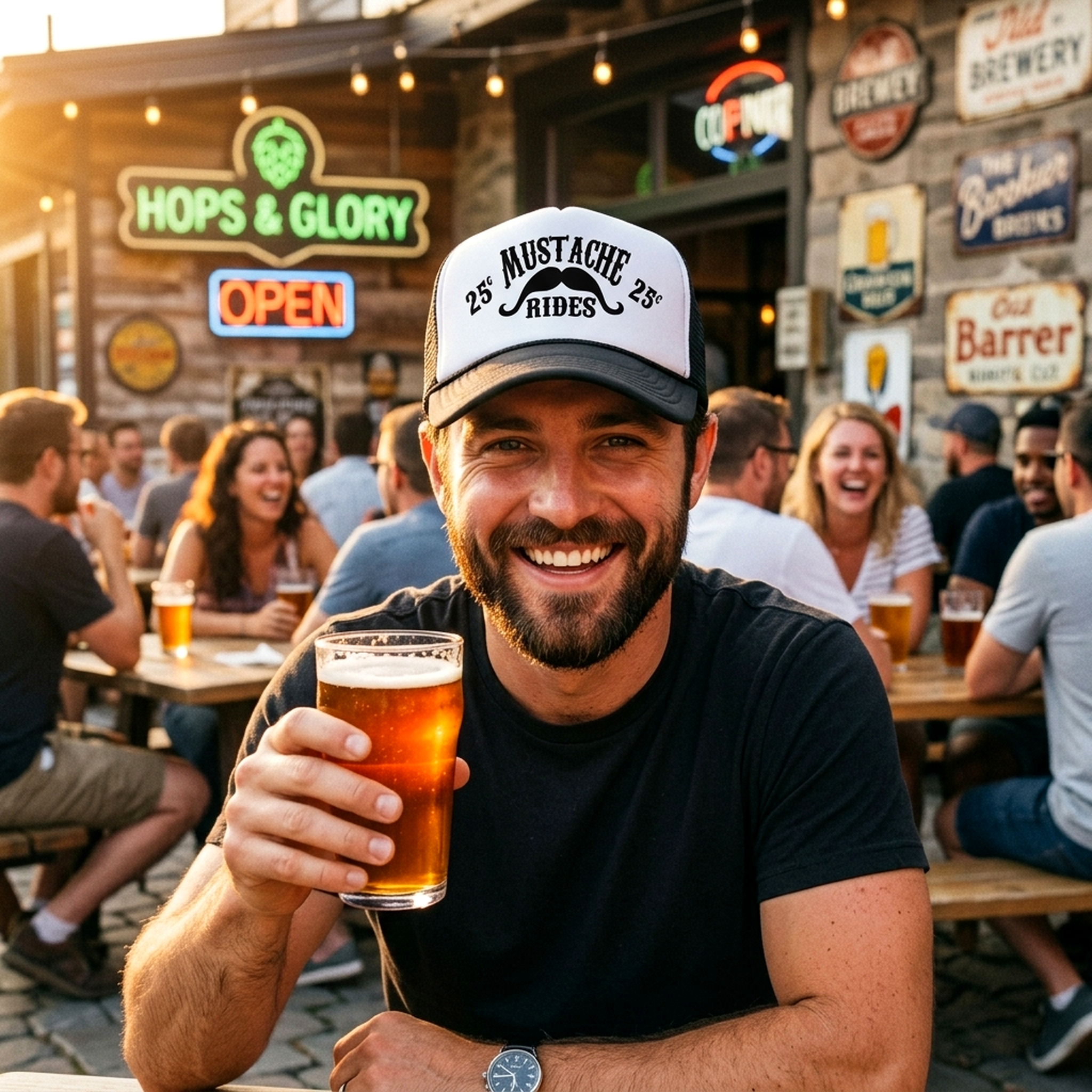 MUSTACHE RIDES - funny sexy joke gag - Vintage Retro Style Trucker Cap Hat - Five Panel Retro Style TRUCKER Cap