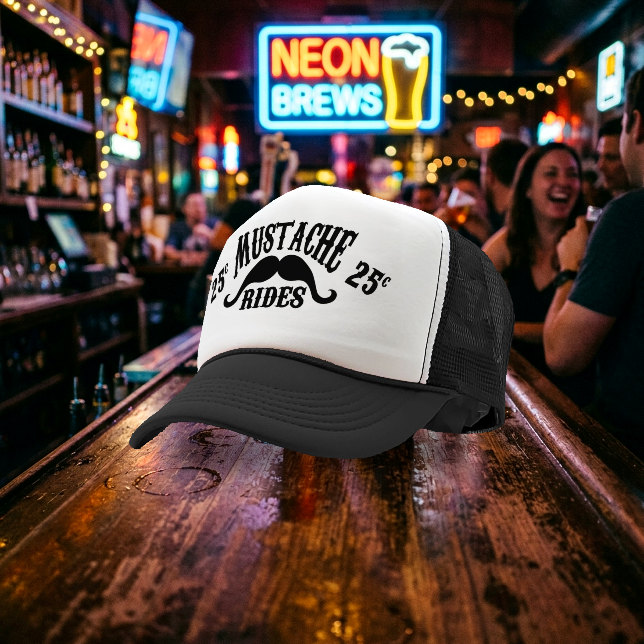 MUSTACHE RIDES - funny sexy joke gag - Vintage Retro Style Trucker Cap Hat - Five Panel Retro Style TRUCKER Cap