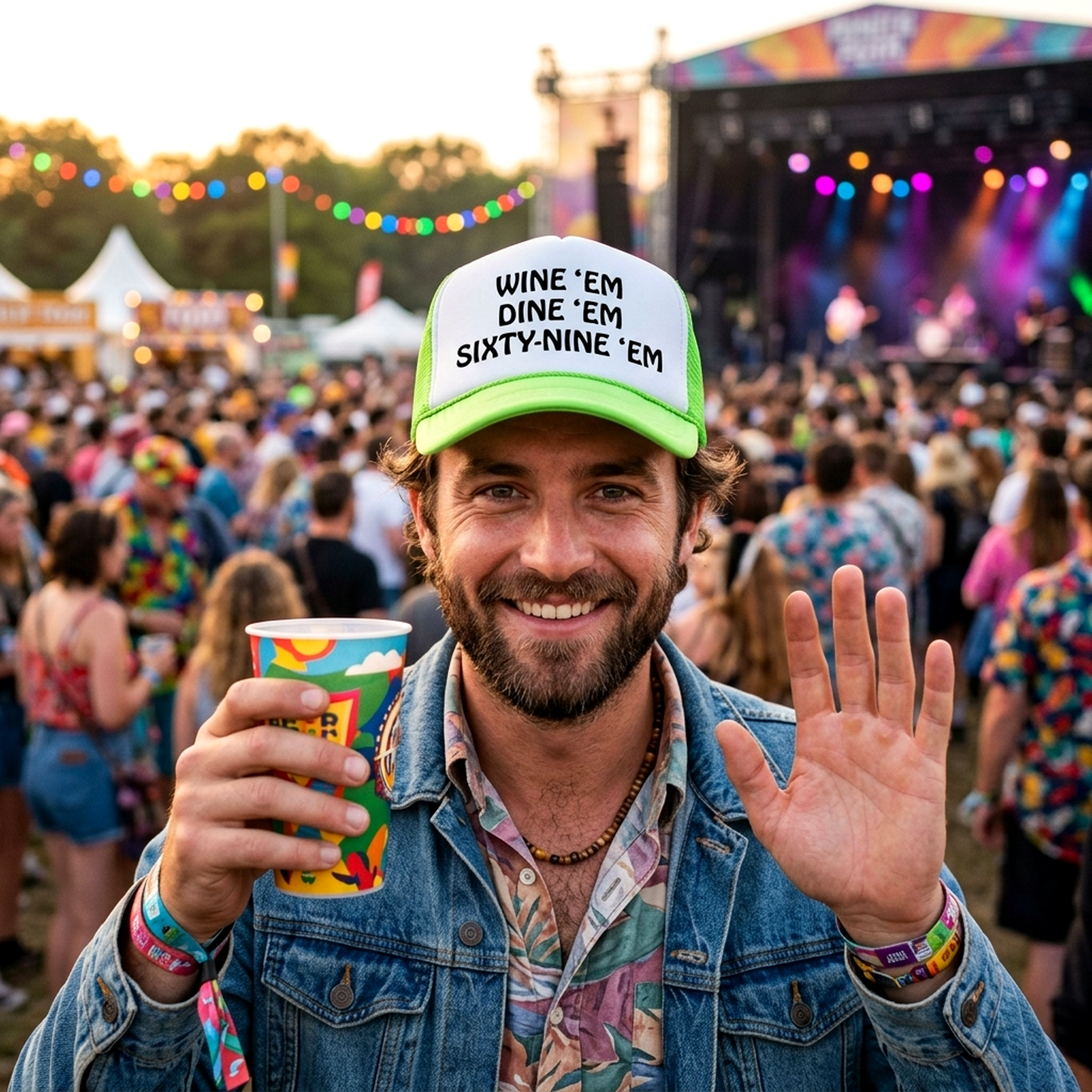 WINE EM DINE EM SIXTY-NINE EM 69 funny - Mesh Trucker Hat Cap - Five Panel Retro Style TRUCKER Cap