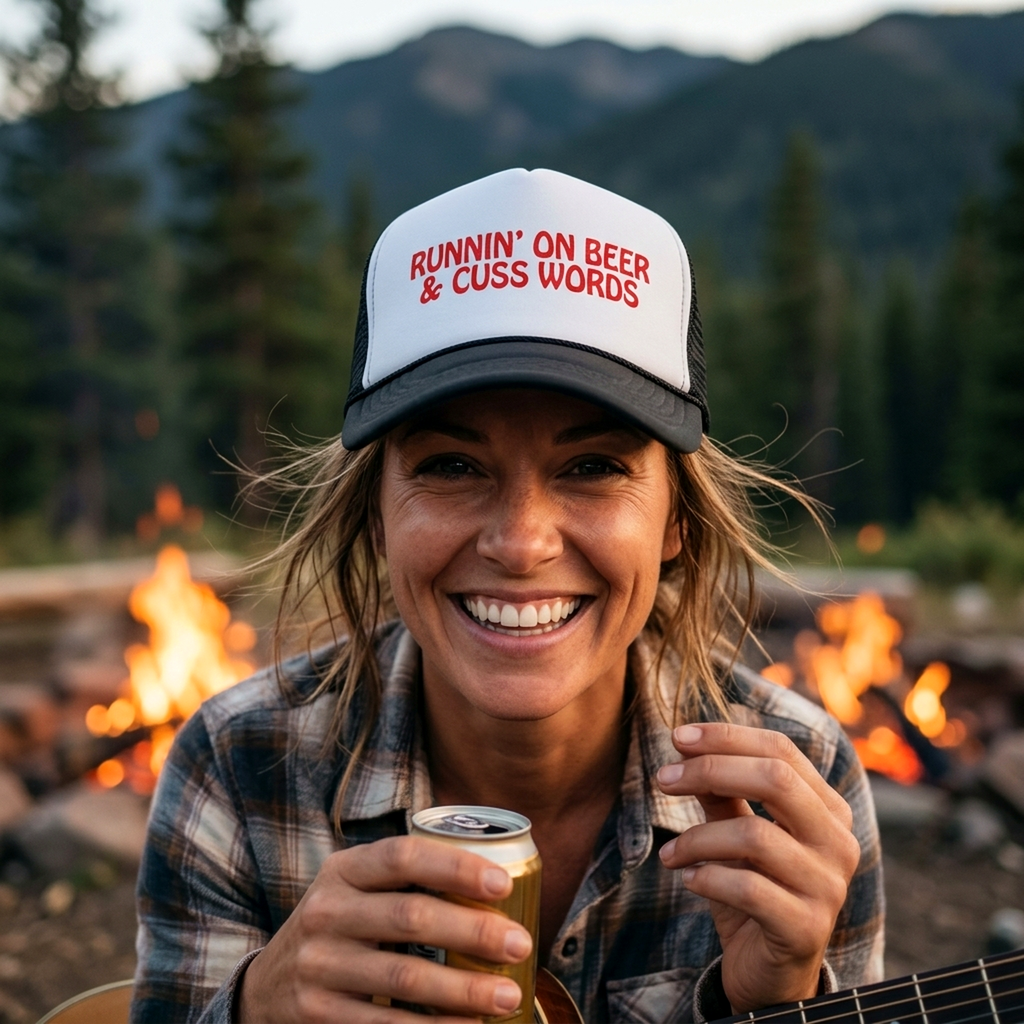 RUNNIN' On beer and cuss words - Vintage Retro Style Trucker Cap Hat - Five Panel Retro Style TRUCKER Cap