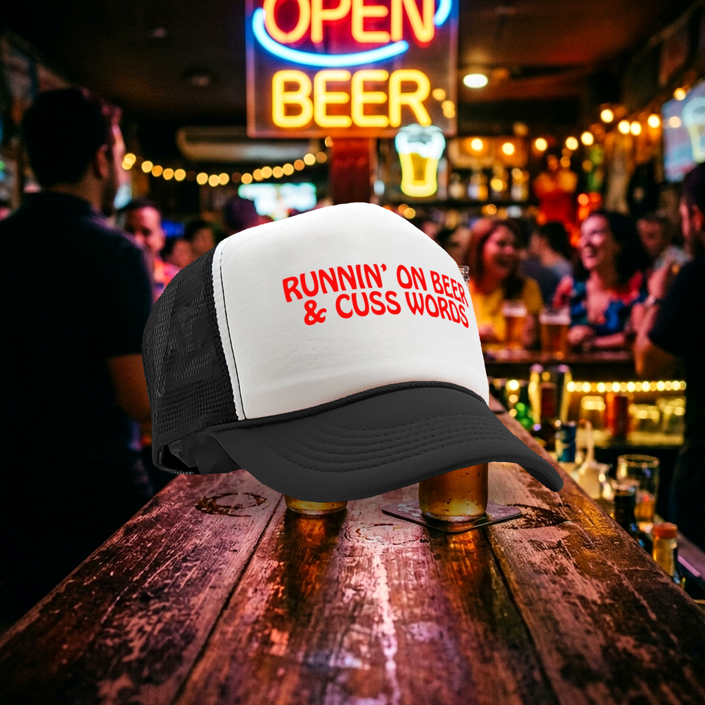 RUNNIN' On beer and cuss words - Vintage Retro Style Trucker Cap Hat - Five Panel Retro Style TRUCKER Cap