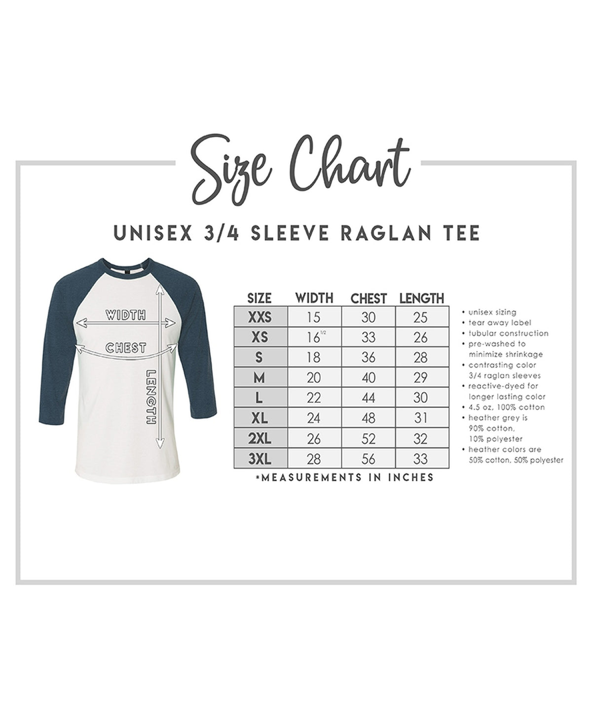 Baseball Raglan Shirt size chart