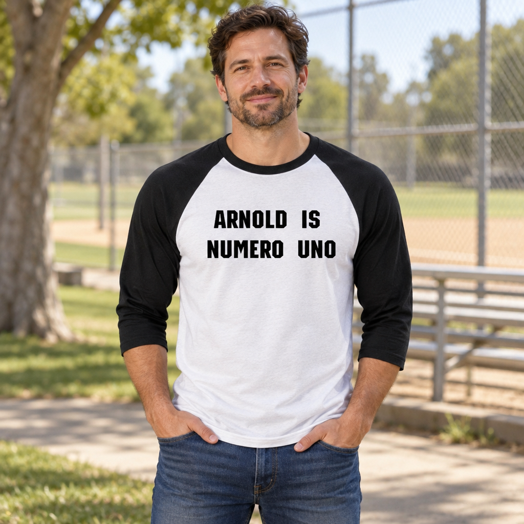 Arnold Is Numero Uno — White with Black Baseball Raglan Shirt — lifestyle alt