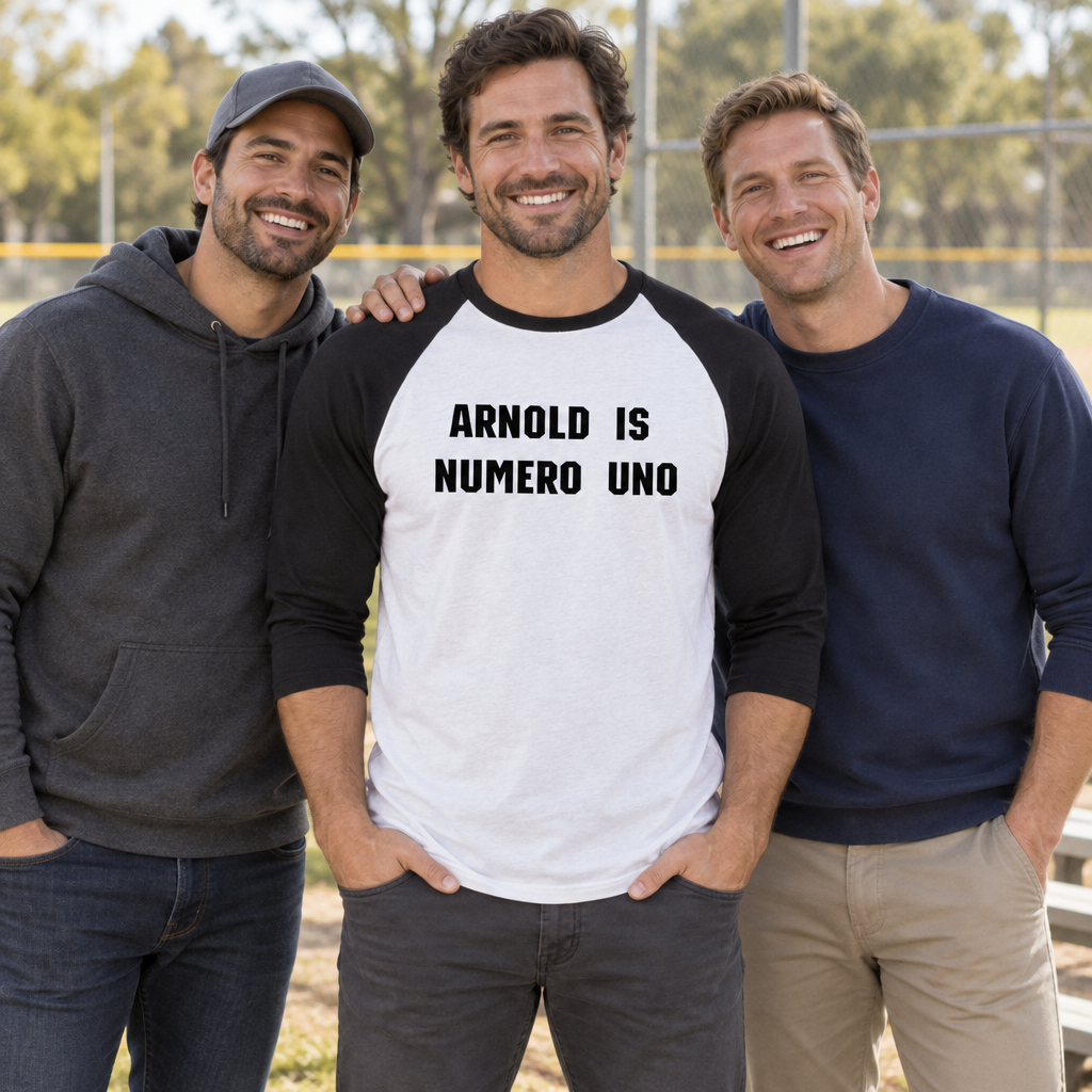 Arnold Is Numero Uno — White with Black Baseball Raglan Shirt — lifestyle group