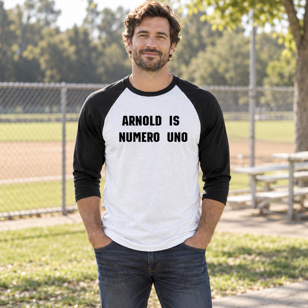 Arnold Is Numero Uno — White with Black Baseball Raglan Shirt — lifestyle hero