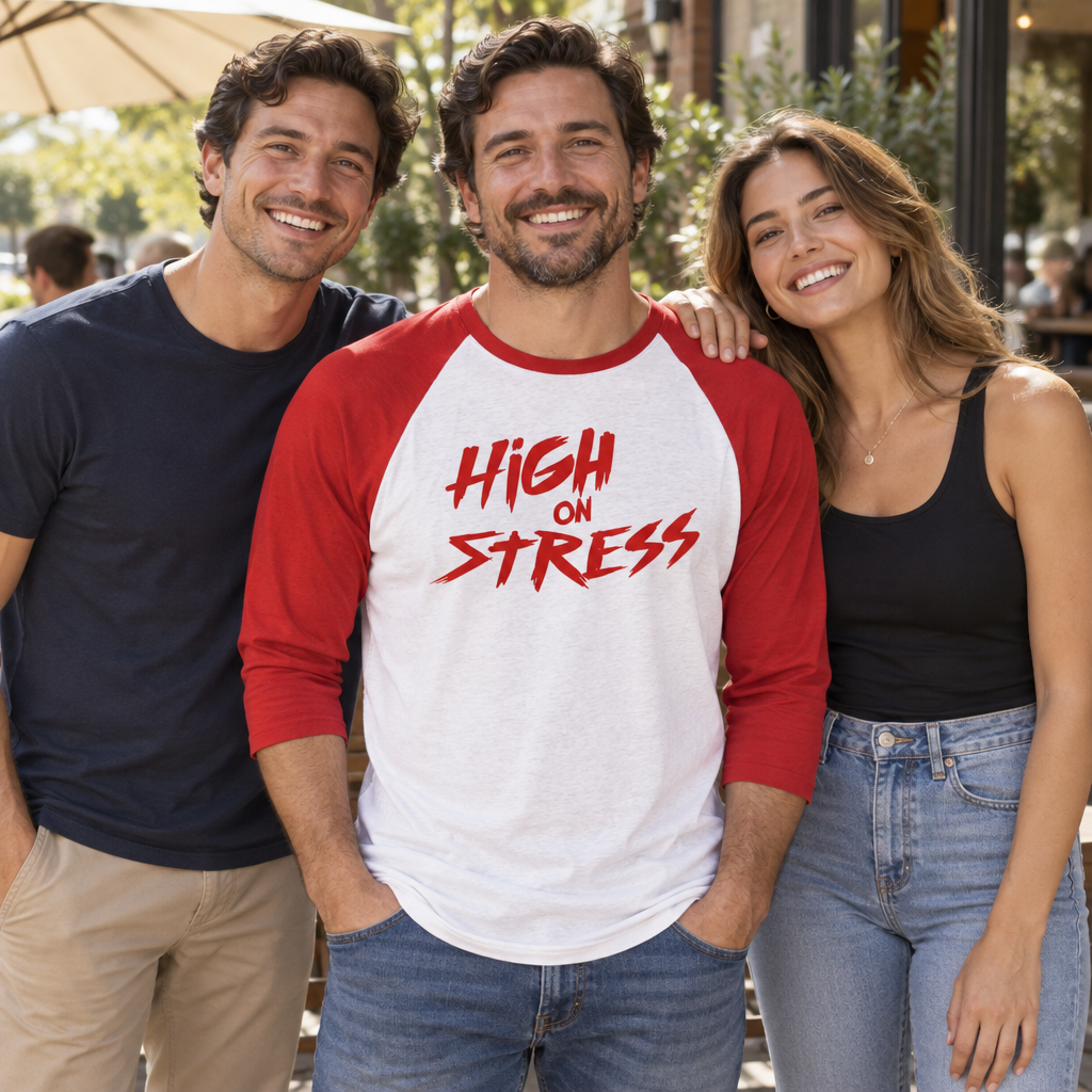 High on Stress — Red Baseball Raglan Shirt — lifestyle group