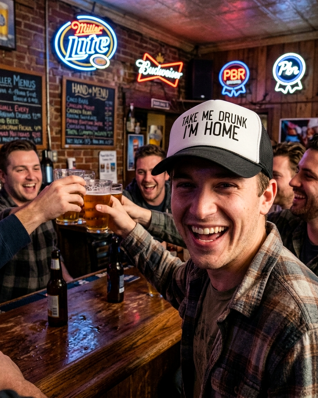 Friends cheersing beers at a dive bar, one wearing the Take Me Drunk I'm Home retro trucker hat
