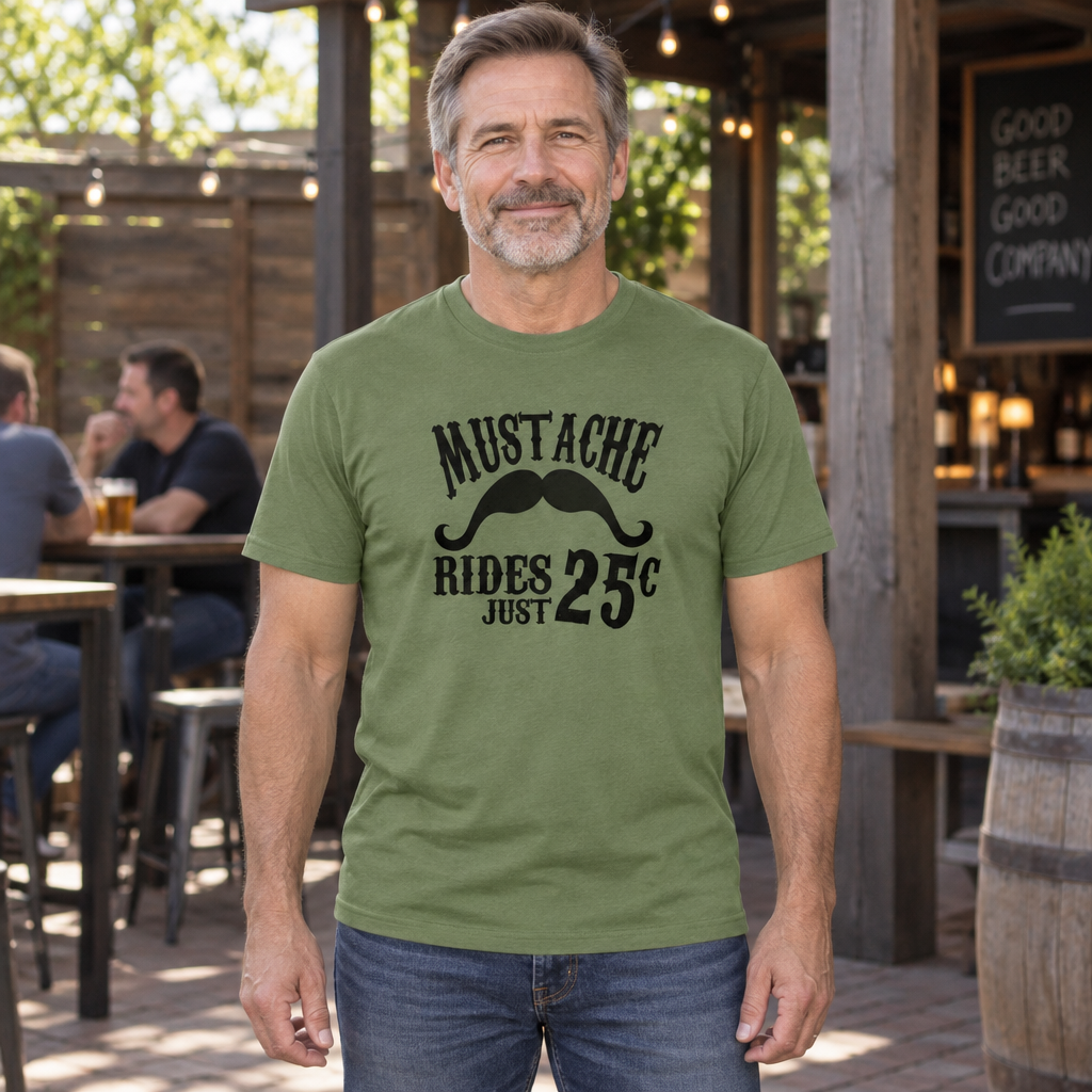 Mustache Rides — Army T-Shirt — lifestyle hero