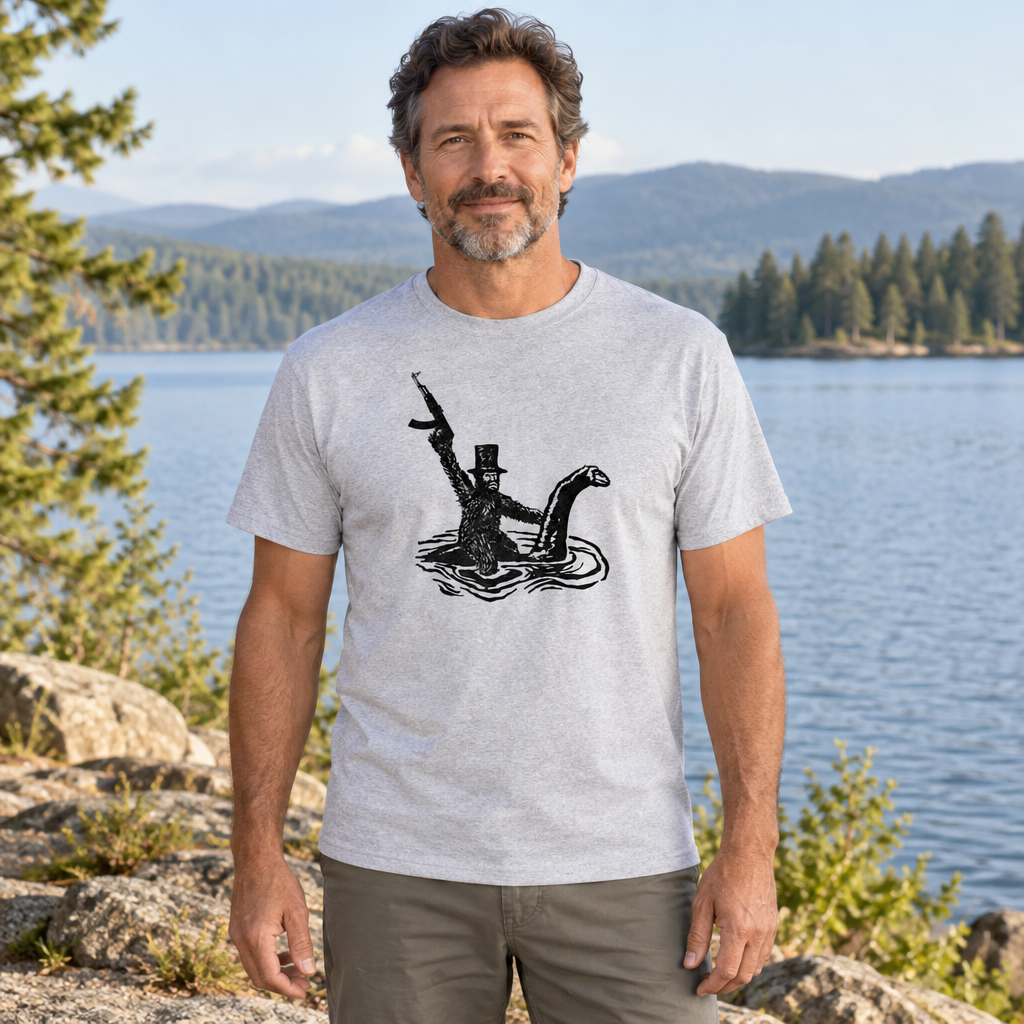 Bigfoot Riding a Lake Monster — Ash T-Shirt — lifestyle hero
