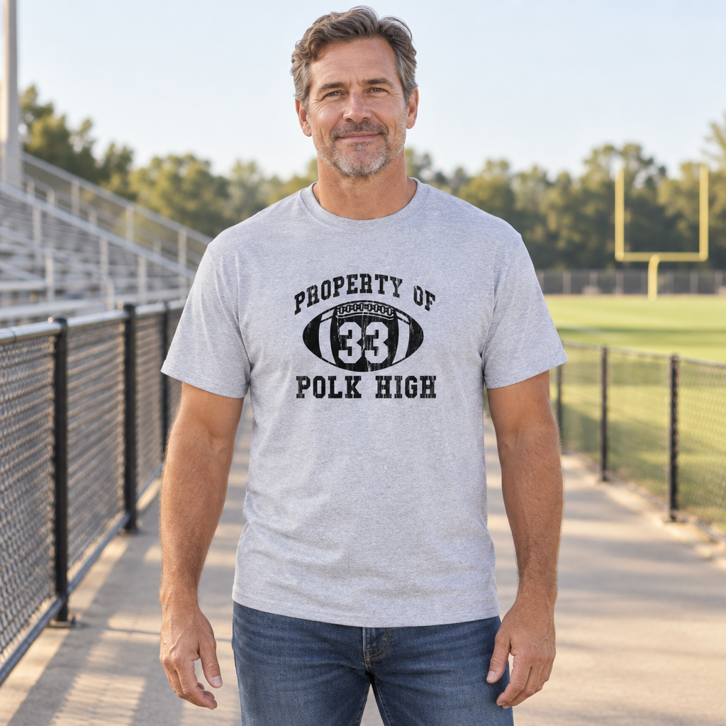 Property of Polk High 33 — Ash T-Shirt — lifestyle hero