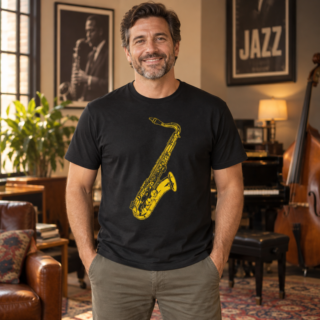 Golden Saxophone — Black T-Shirt — lifestyle alt
