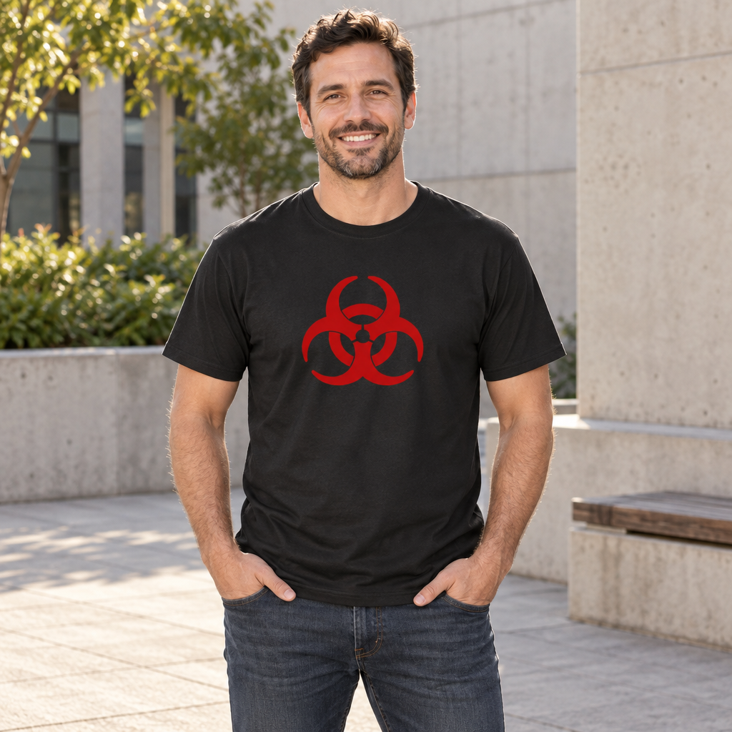 Red Biohazard Symbol — Black T-Shirt — lifestyle alt