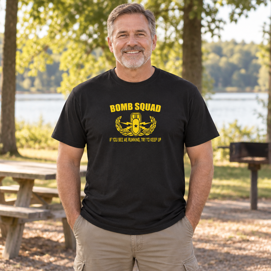 Bomb Squad Running Joke — Black T-Shirt — lifestyle alt