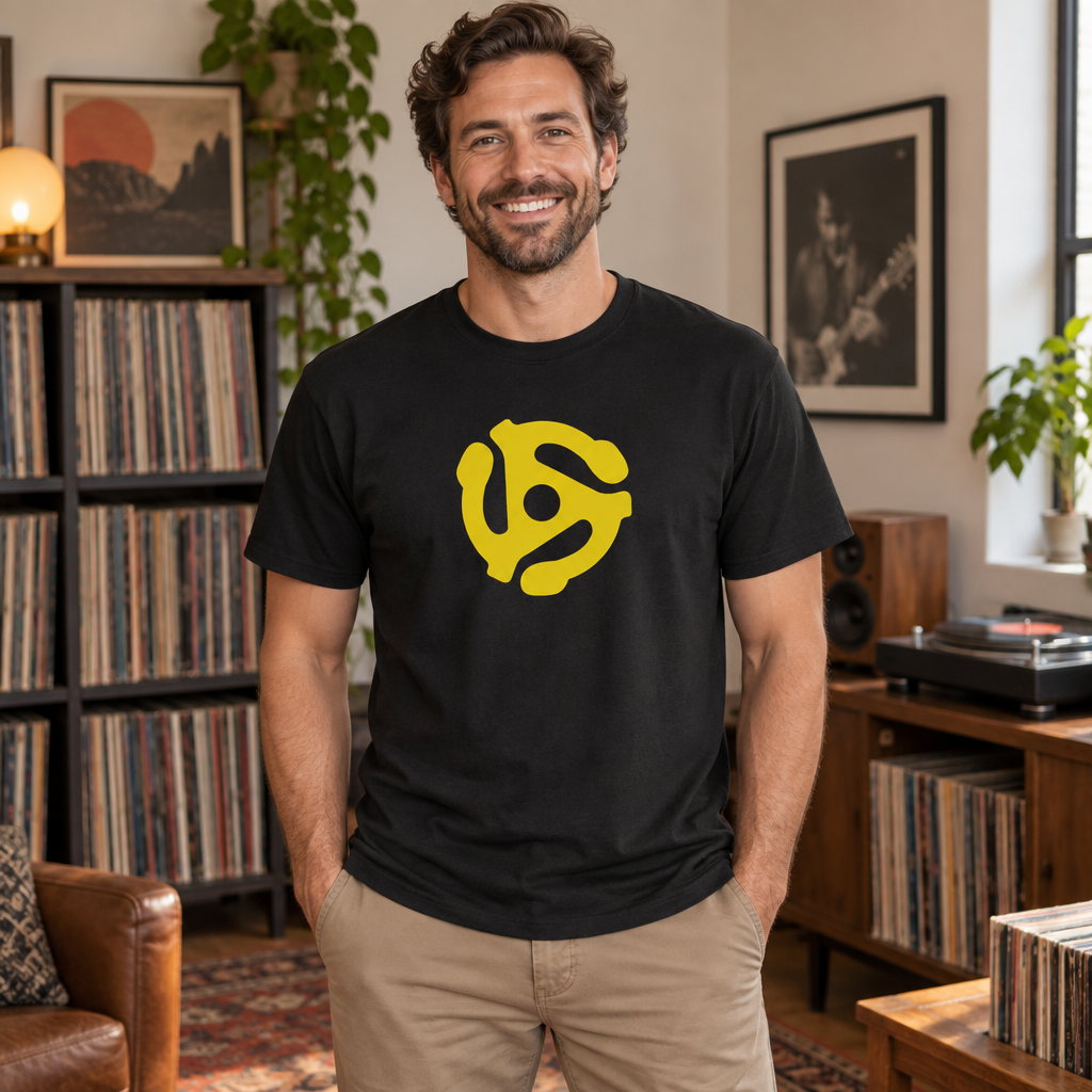 45 RPM Record Adapter — Black T-Shirt — lifestyle alt