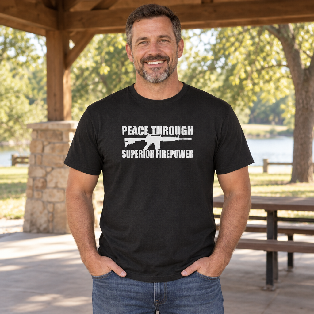 Peace Through Superior Firepower — Black T-Shirt — lifestyle alt