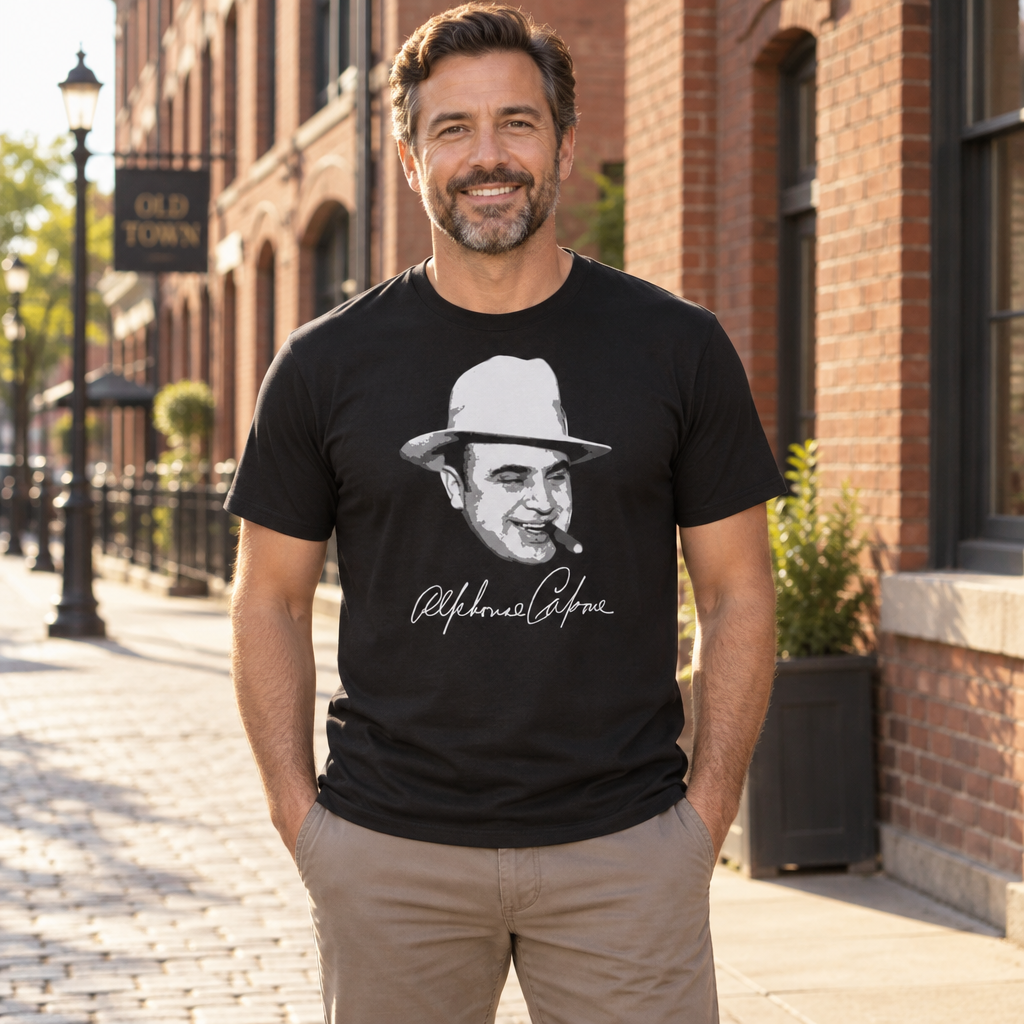 Alphonse Capone Portrait and Signature — Black T-Shirt — lifestyle alt
