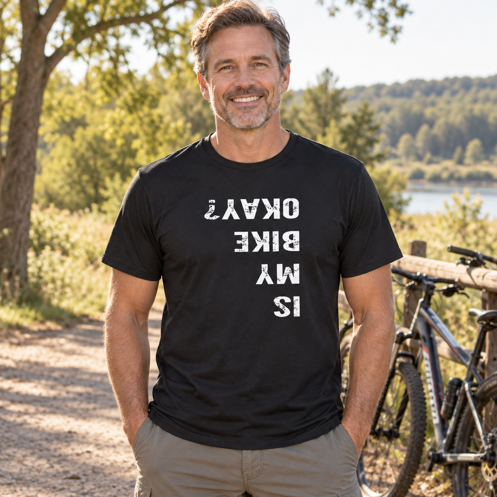 Is My Bike Okay Upside-Down — Black T-Shirt — lifestyle alt