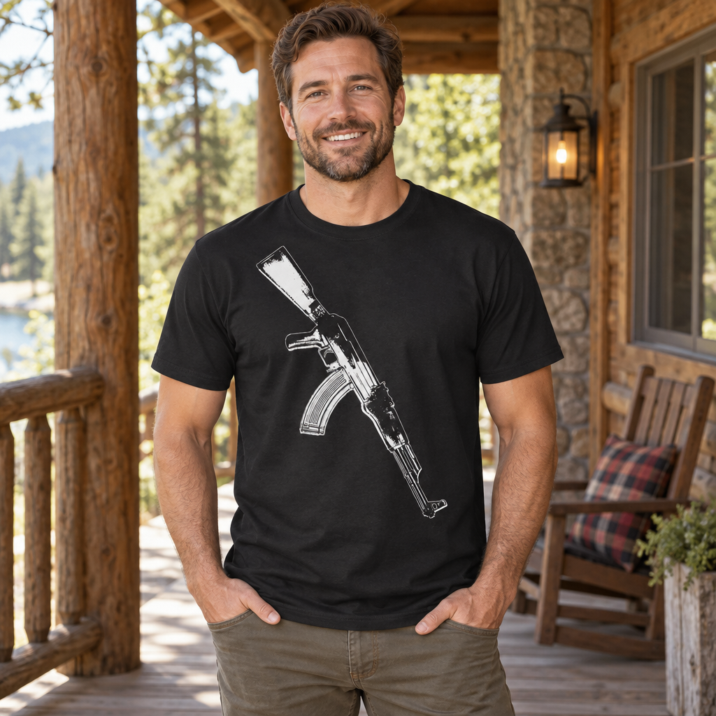 AK-47 Rifle Sketch — Black T-Shirt — lifestyle alt