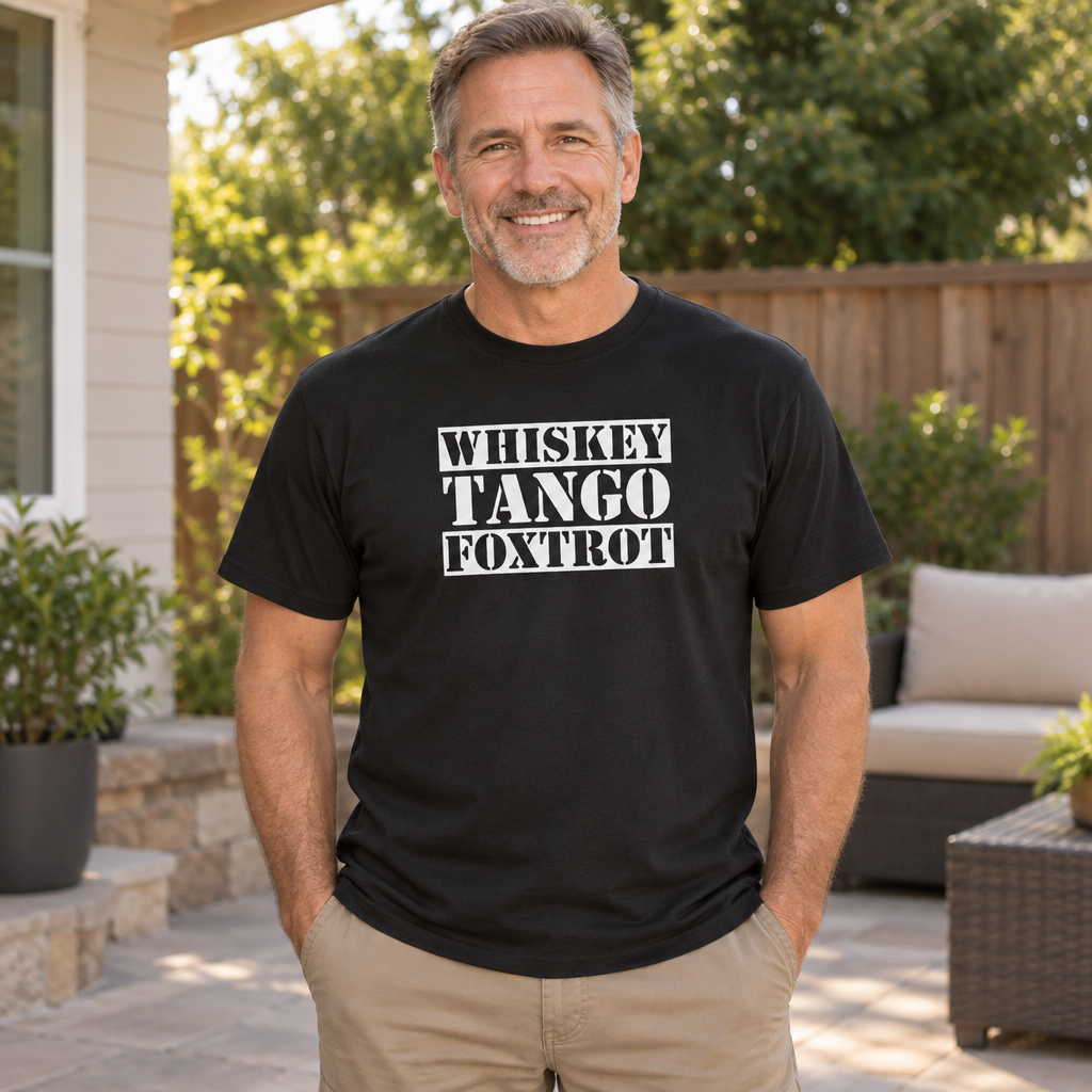Whiskey Tango Foxtrot — Black T-Shirt — lifestyle alt