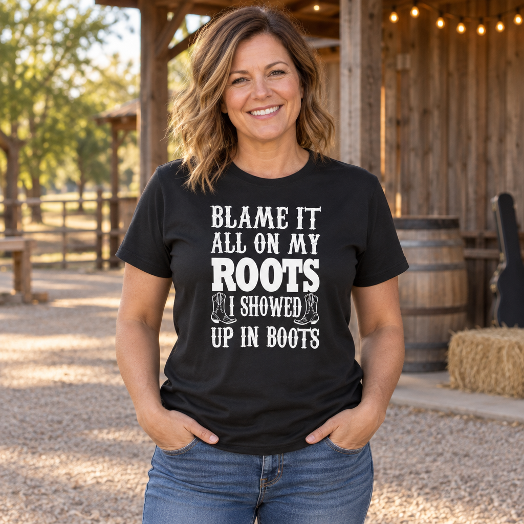 Blame It on My Roots, Showed Up in Boots — Black T-Shirt — lifestyle alt