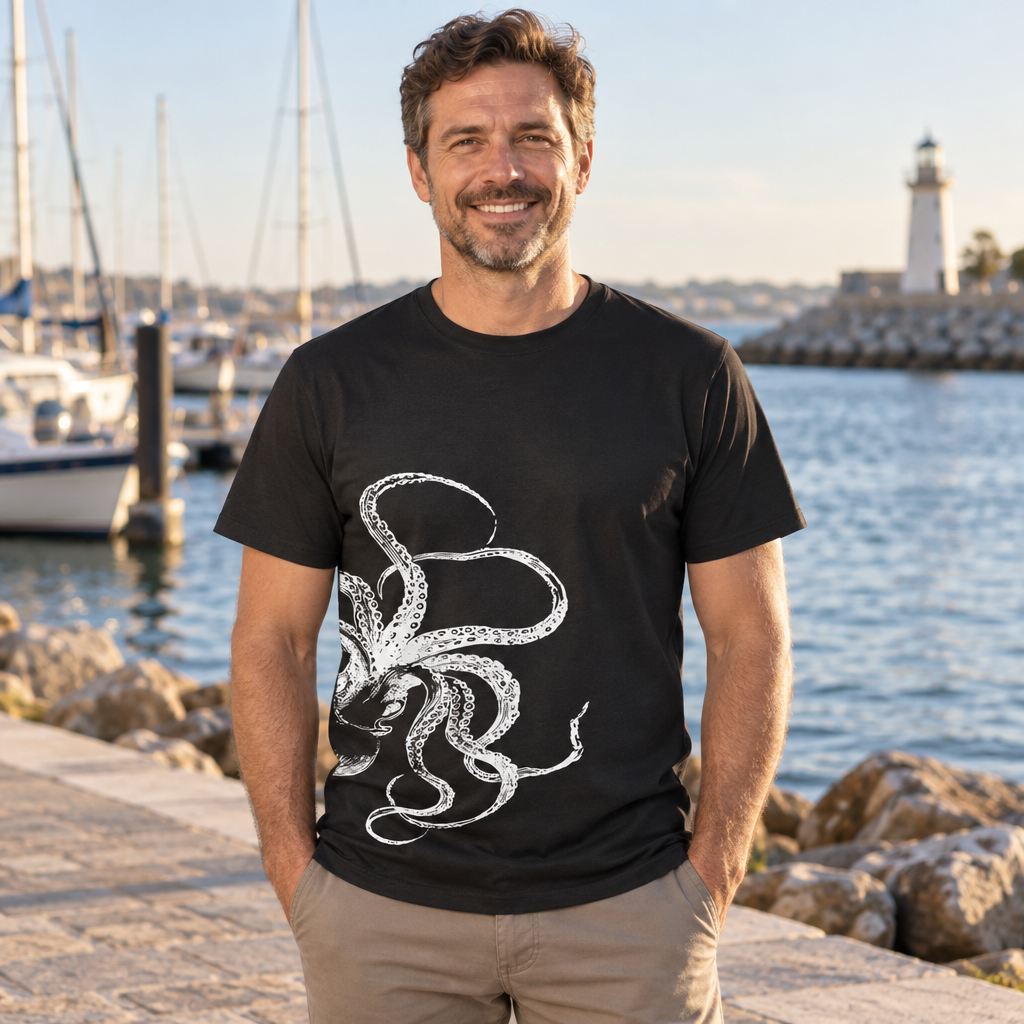 Side-Print Kraken Tentacles — Black T-Shirt — lifestyle alt