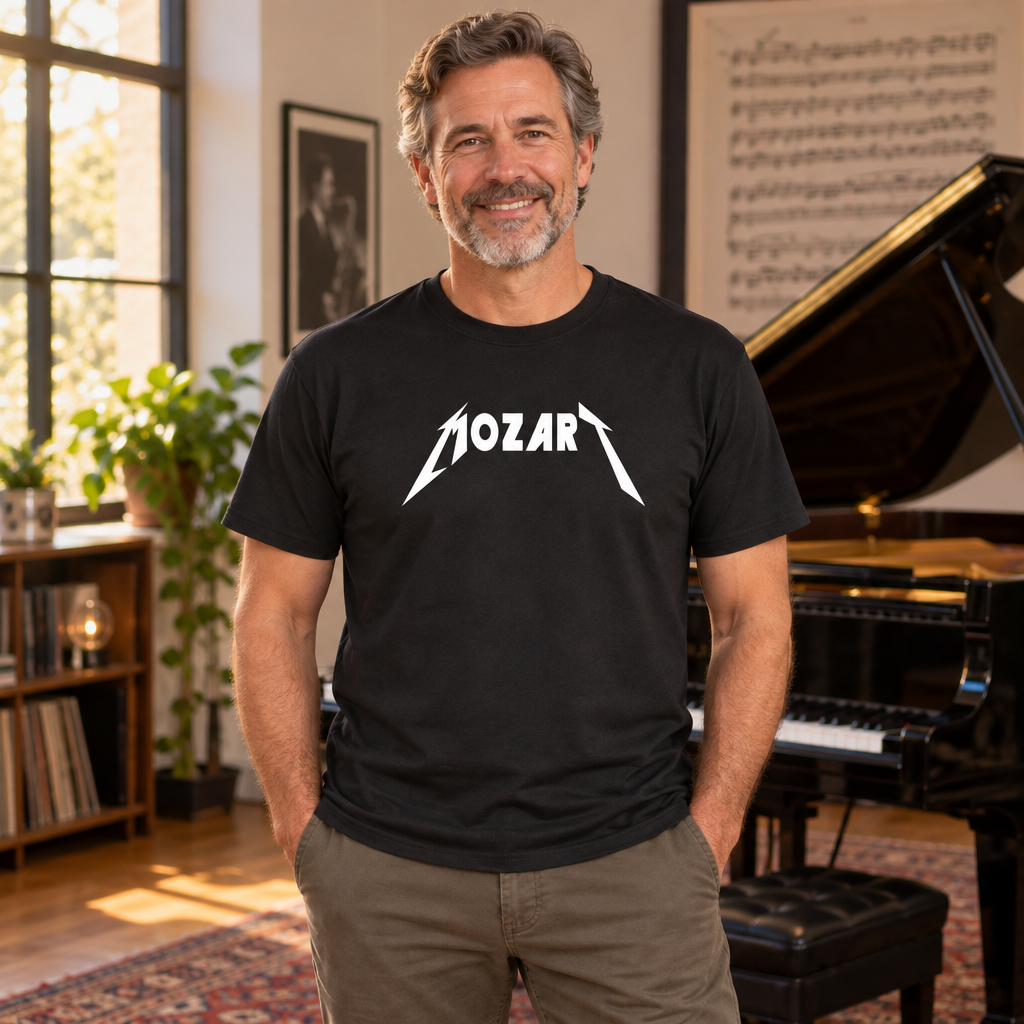 Mozart Rock Lettering — Black T-Shirt — lifestyle alt