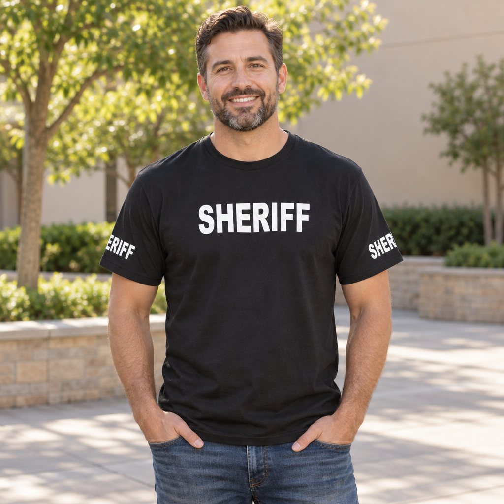 Sheriff Front and Sleeve Lettering — Black T-Shirt — lifestyle alt