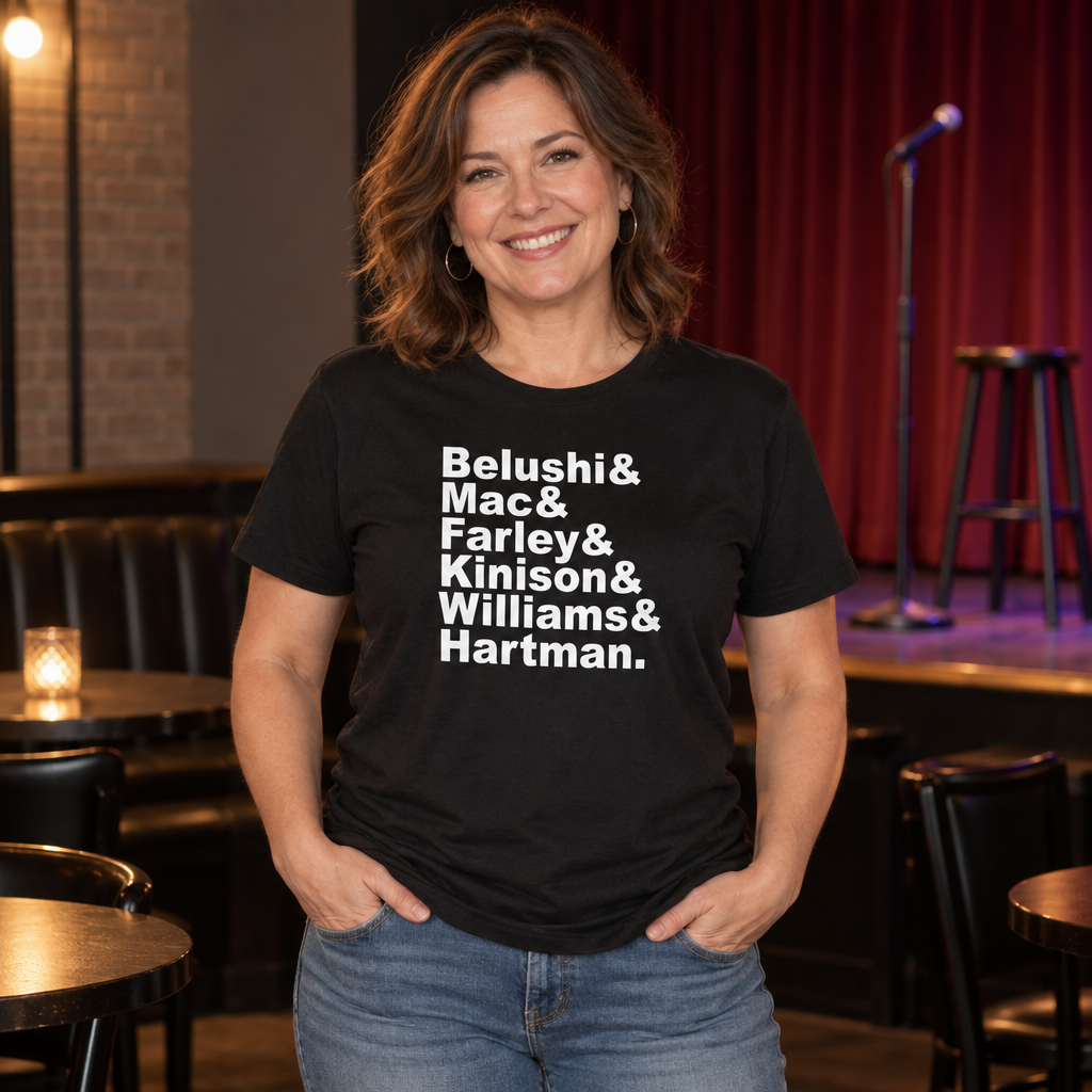 Comedy Legends Names — Black T-Shirt — lifestyle alt