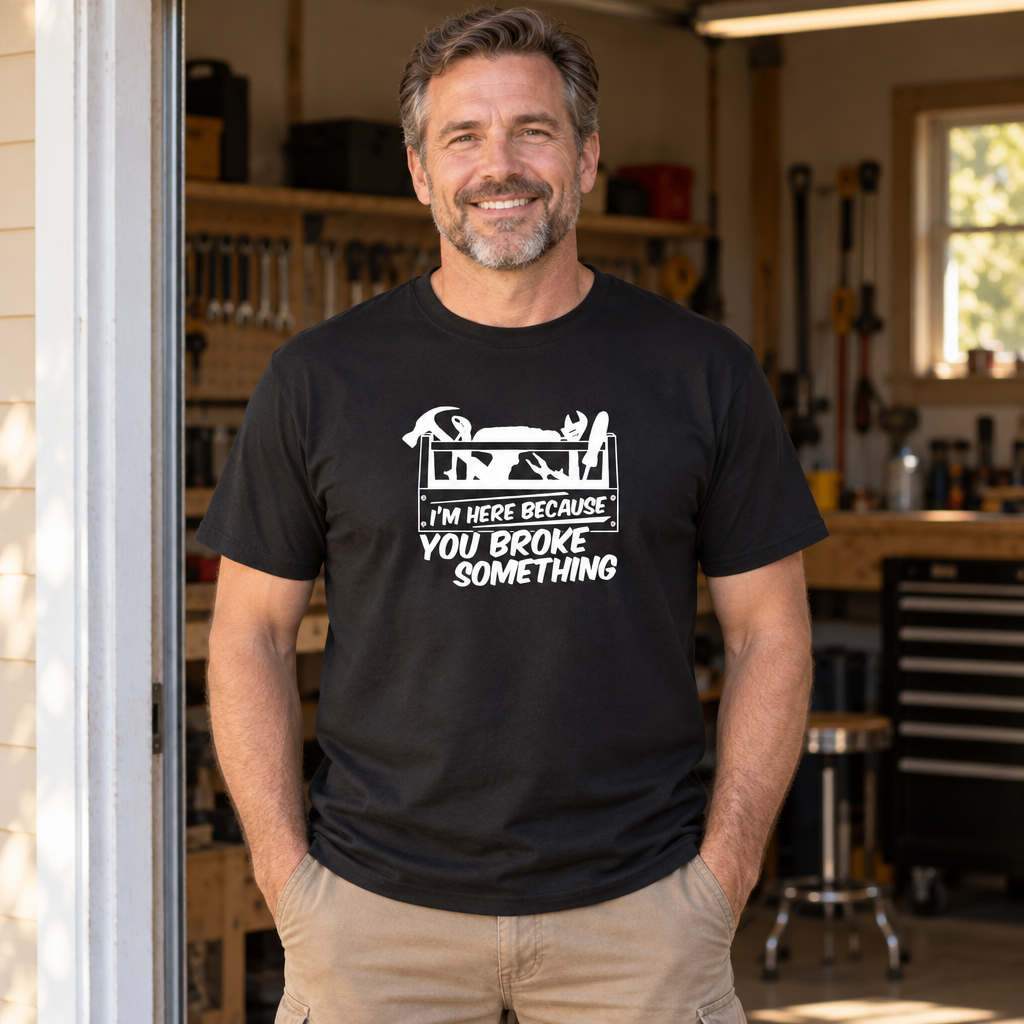 Here Because You Broke Something — Black T-Shirt — lifestyle alt