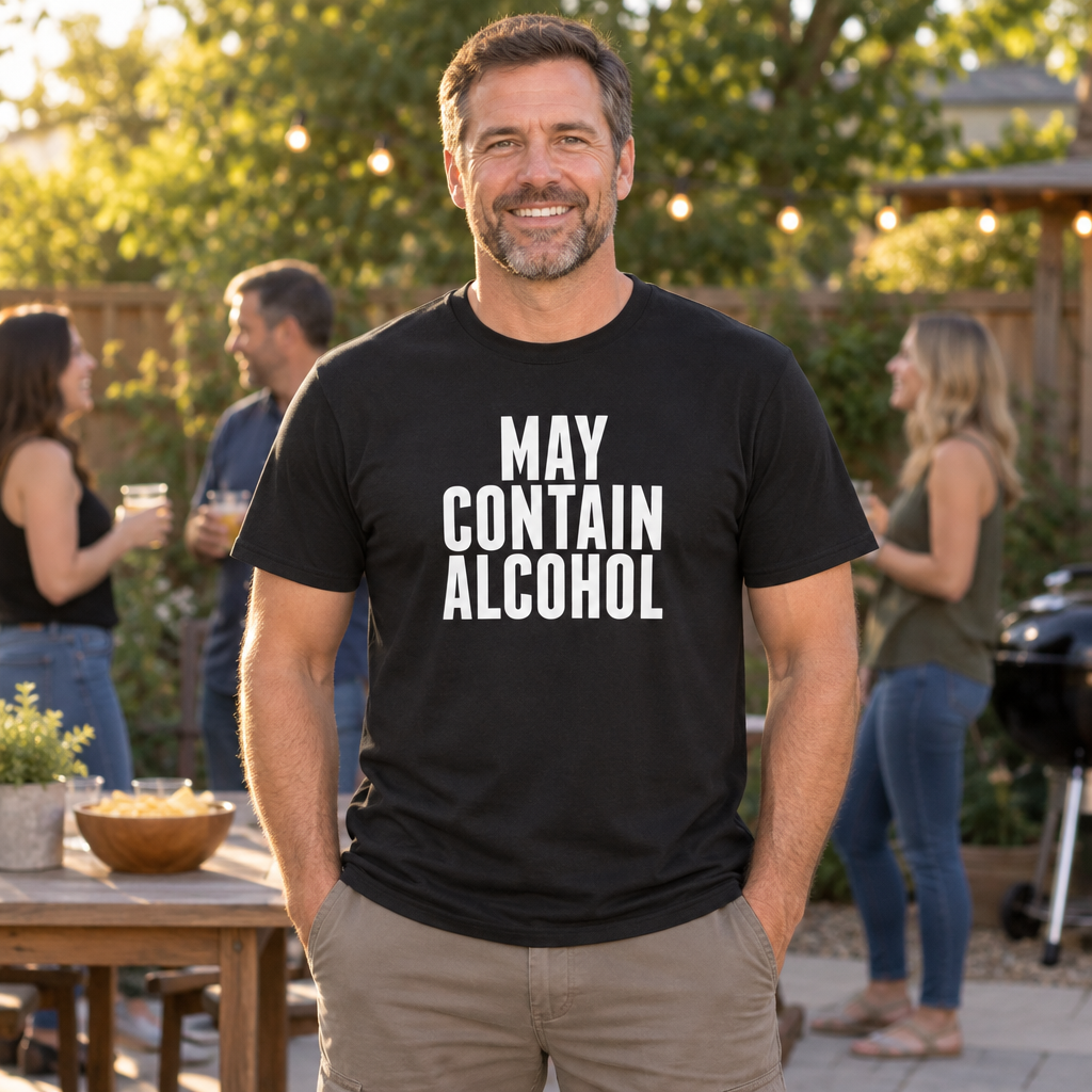 May Contain Alcohol — Black T-Shirt — lifestyle alt
