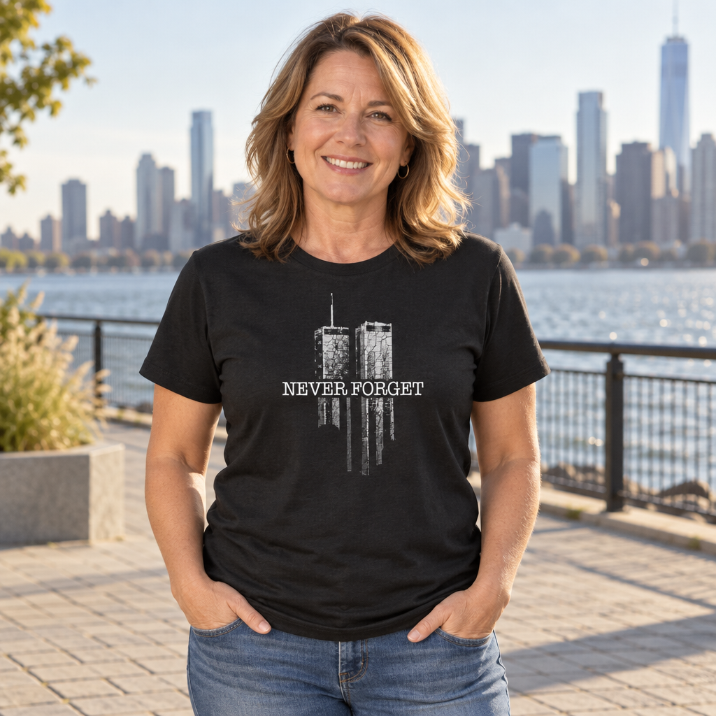 Never Forget Twin Towers — Black T-Shirt — lifestyle alt