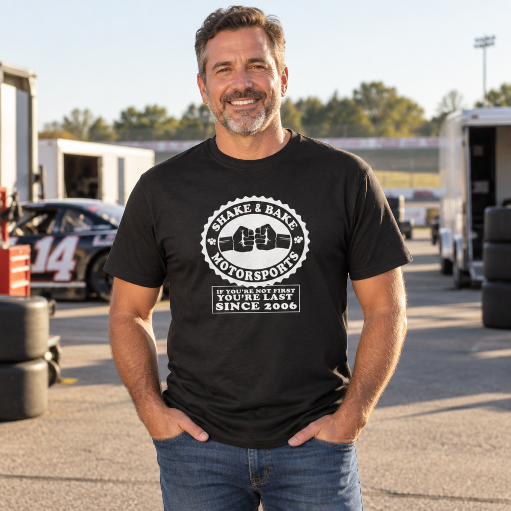 Shake and Bake Motorsports — Black T-Shirt — lifestyle alt