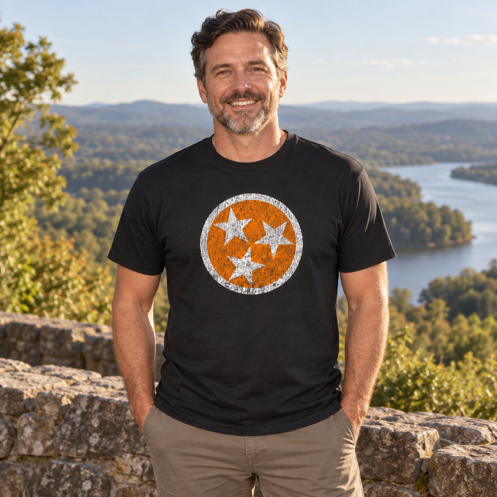Tennessee Distressed Three Stars — Black T-Shirt — lifestyle alt