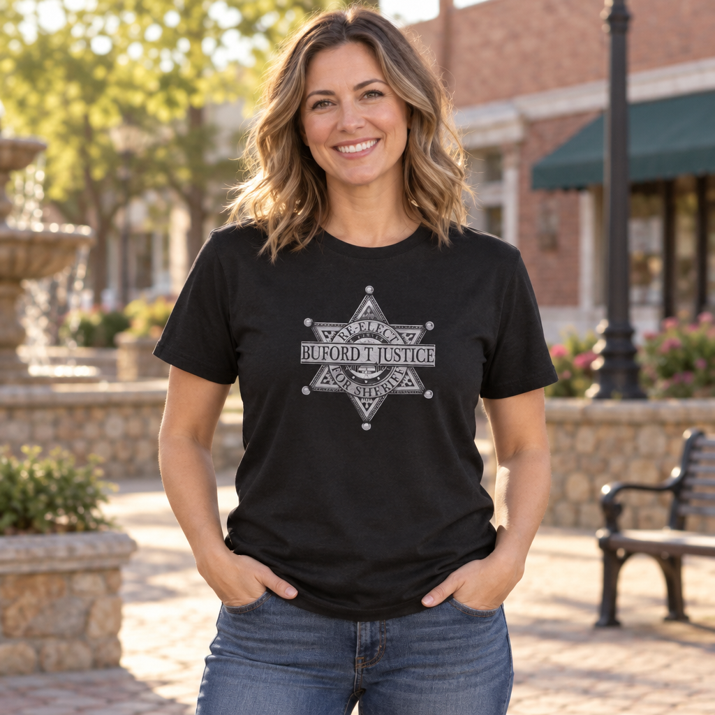 Buford T Justice Sheriff Badge — Black T-Shirt — lifestyle alt
