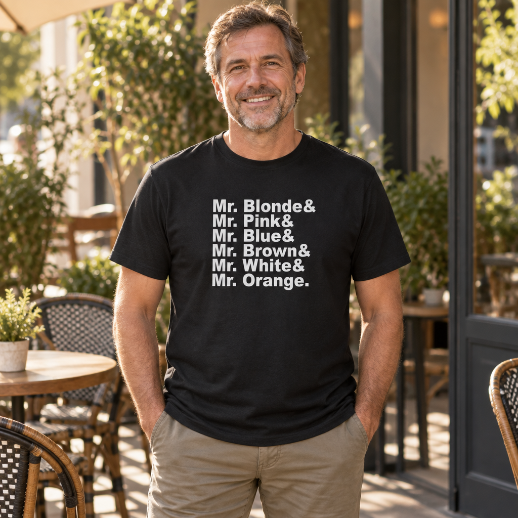Mr Blonde Pink Blue Brown White Orange Names — Black T-Shirt — lifestyle alt