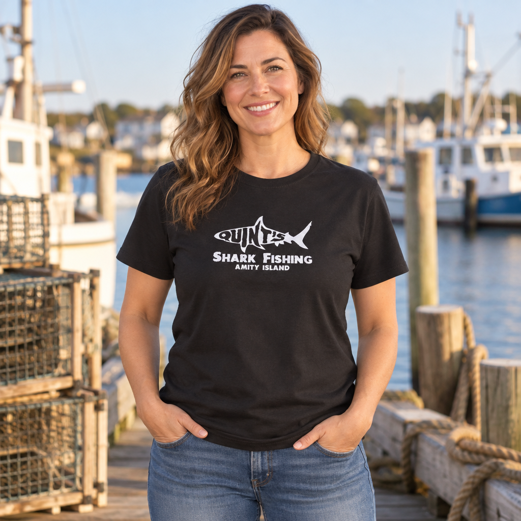 Quint's Shark Fishing — Black T-Shirt — lifestyle alt