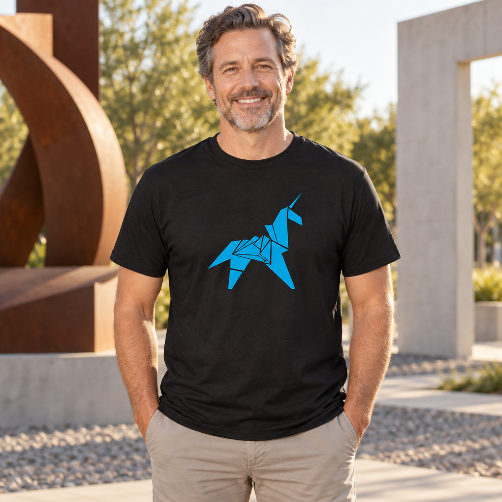 Blue Origami Unicorn — Black T-Shirt — lifestyle alt