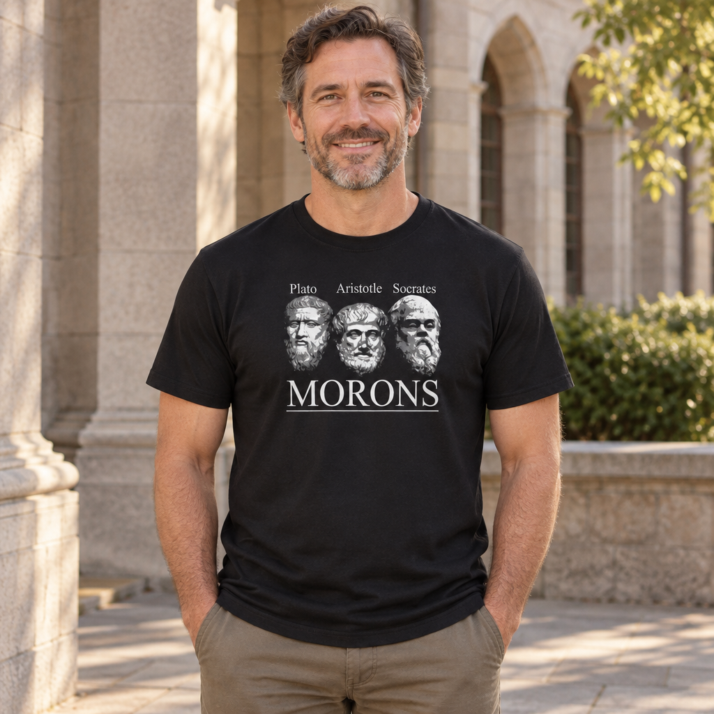 Morons Philosophers Portraits — Black T-Shirt — lifestyle alt