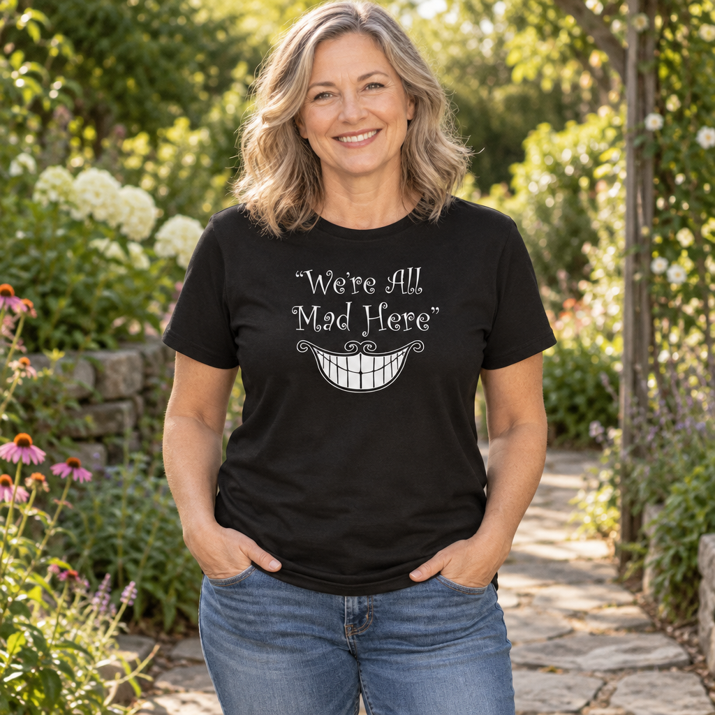 We're All Mad Here Grin — Black T-Shirt — lifestyle alt