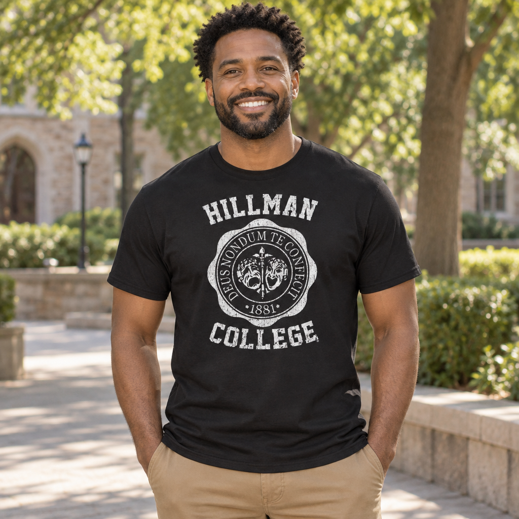 Hillman College Crest — Black T-Shirt — lifestyle alt