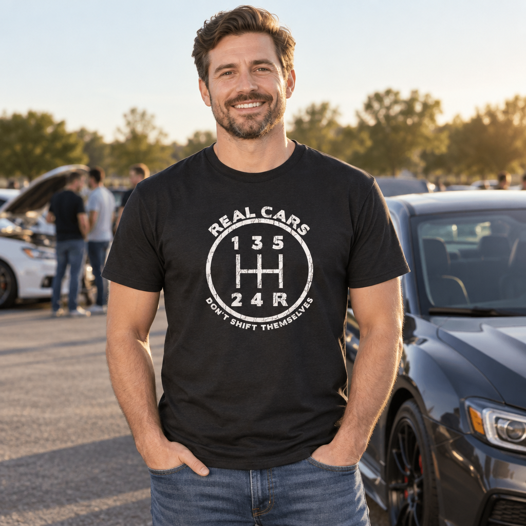 Real Cars Don't Shift Themselves — Black T-Shirt — lifestyle alt