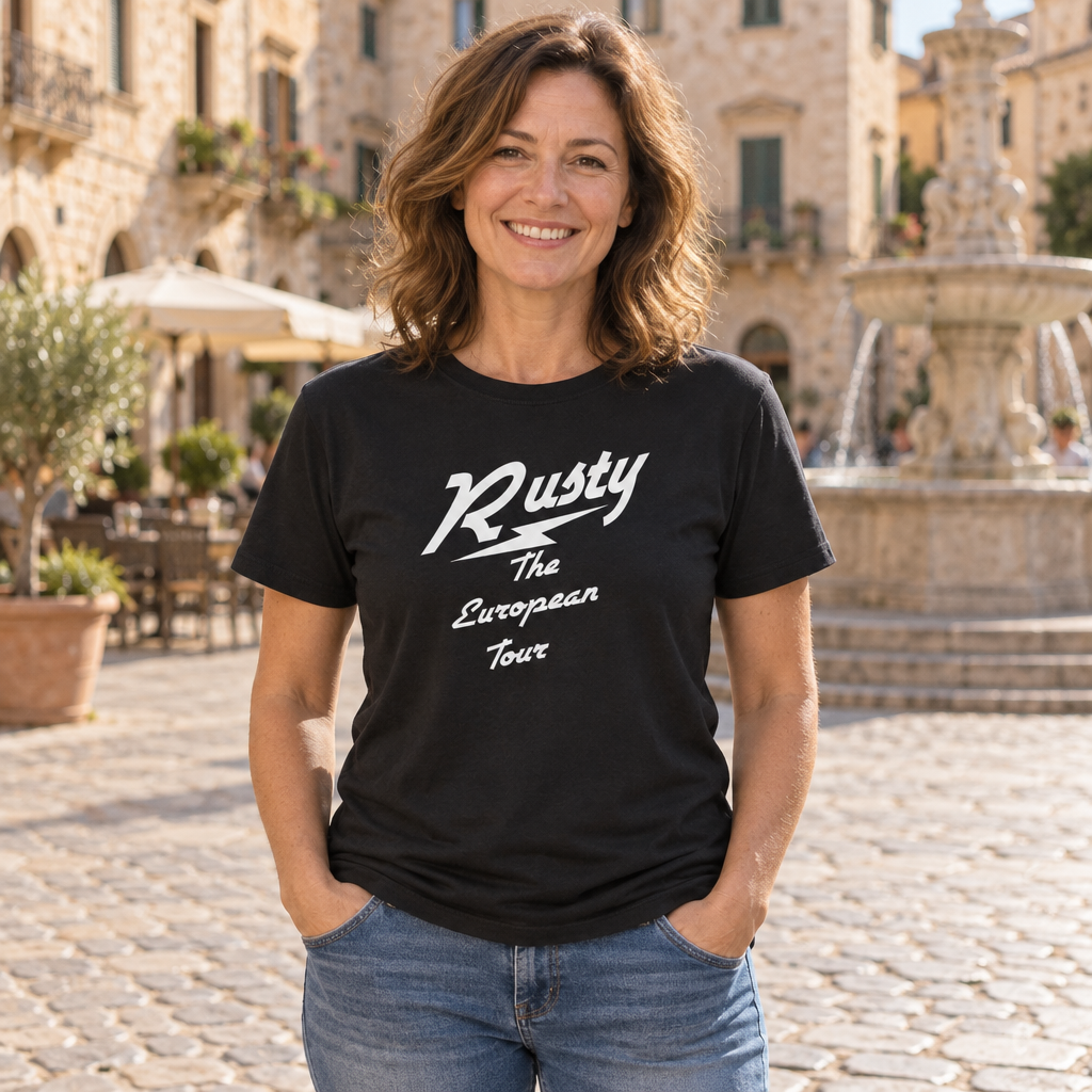 Rusty the European Tour — Black T-Shirt — lifestyle alt