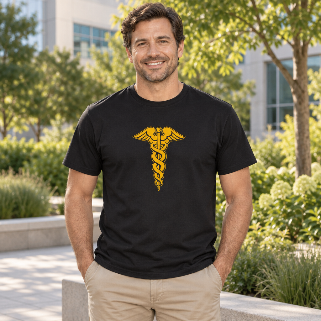 Gold Caduceus — Black T-Shirt — lifestyle alt