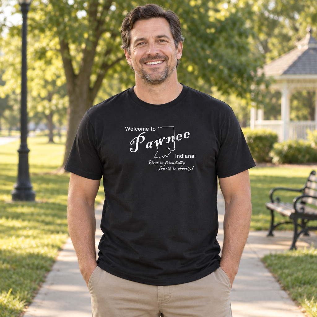 Welcome to Pawnee Indiana — Black T-Shirt — lifestyle alt