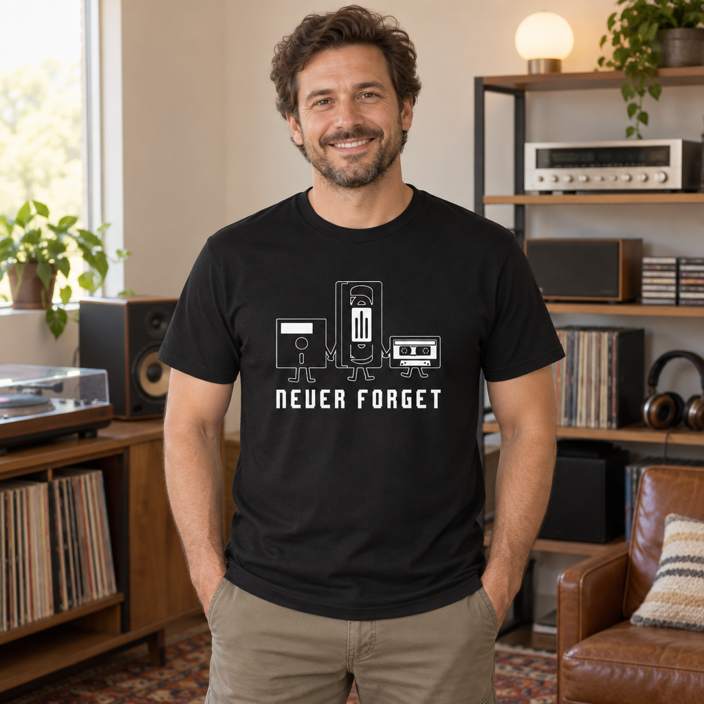 Never Forget Retro Media — Black T-Shirt — lifestyle alt