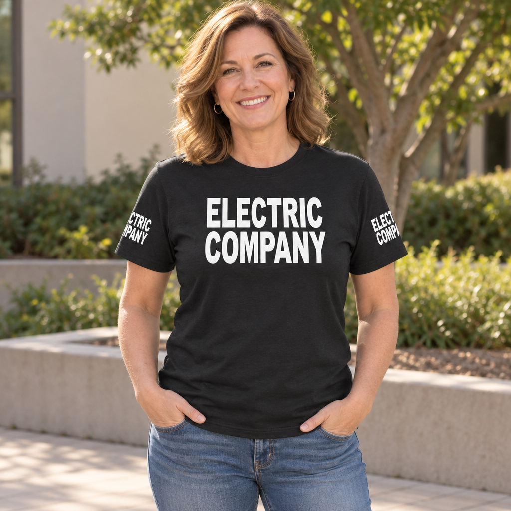 Electric Company Front and Sleeve Lettering — Black T-Shirt — lifestyle alt