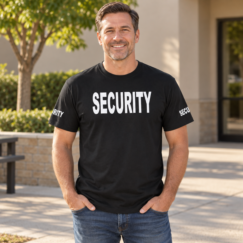 Security Front and Sleeve Lettering — Black T-Shirt — lifestyle alt