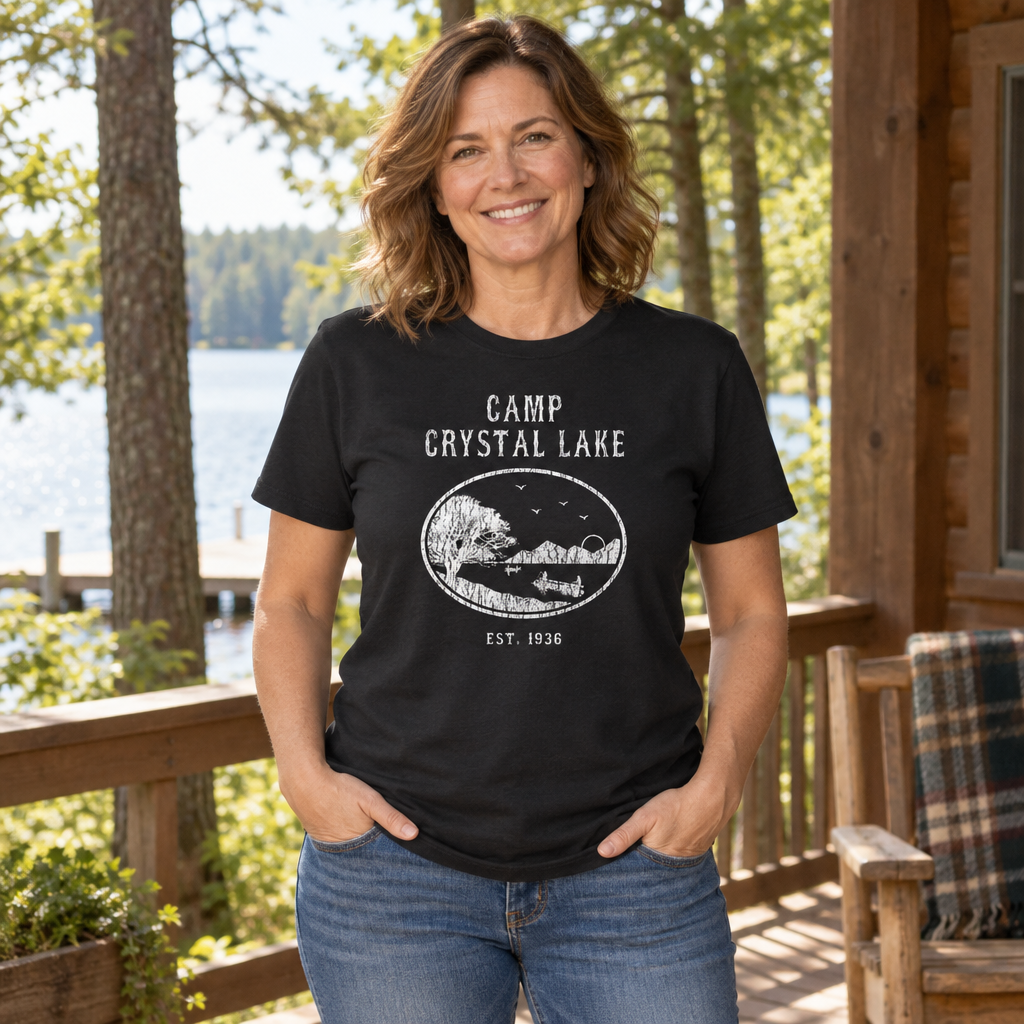 Camp Crystal Lake Scenic Emblem — Black T-Shirt — lifestyle alt