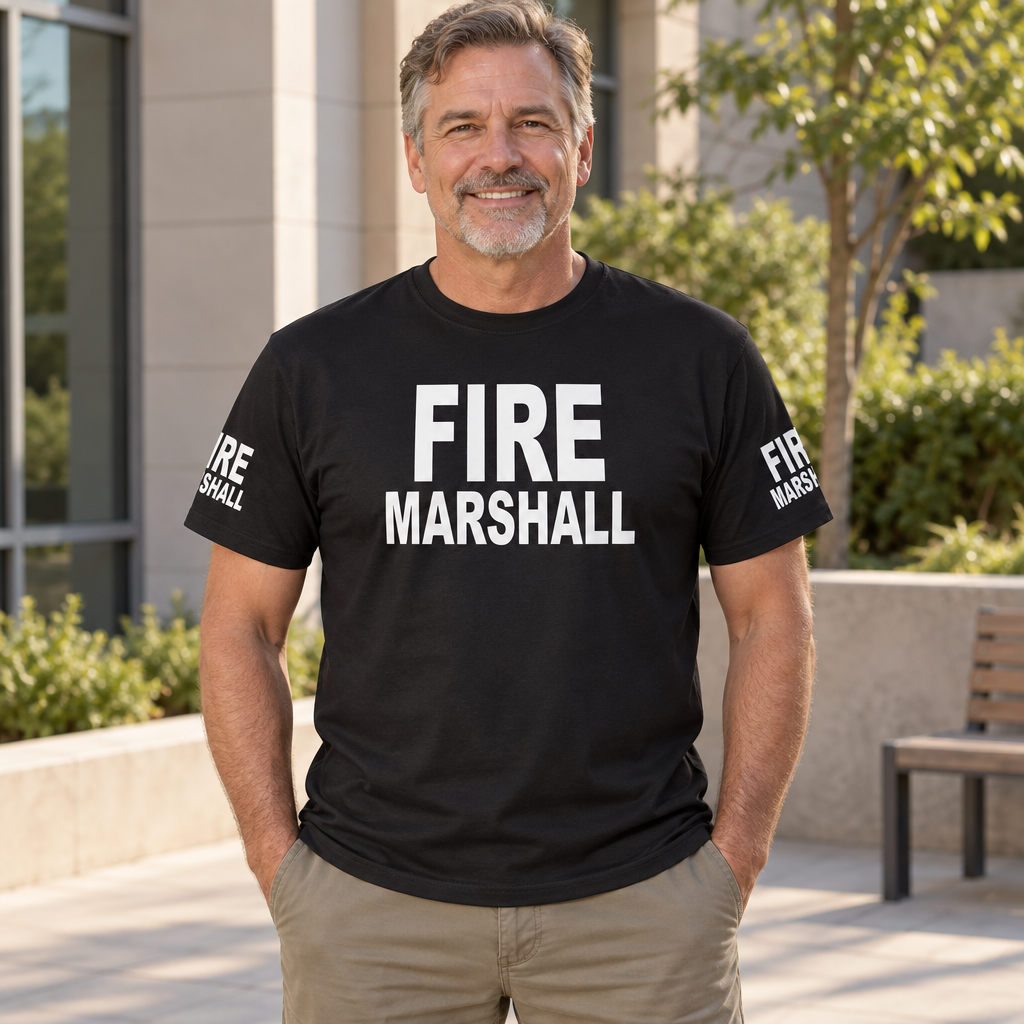 Fire Marshall Front and Sleeve Lettering — Black T-Shirt — lifestyle alt