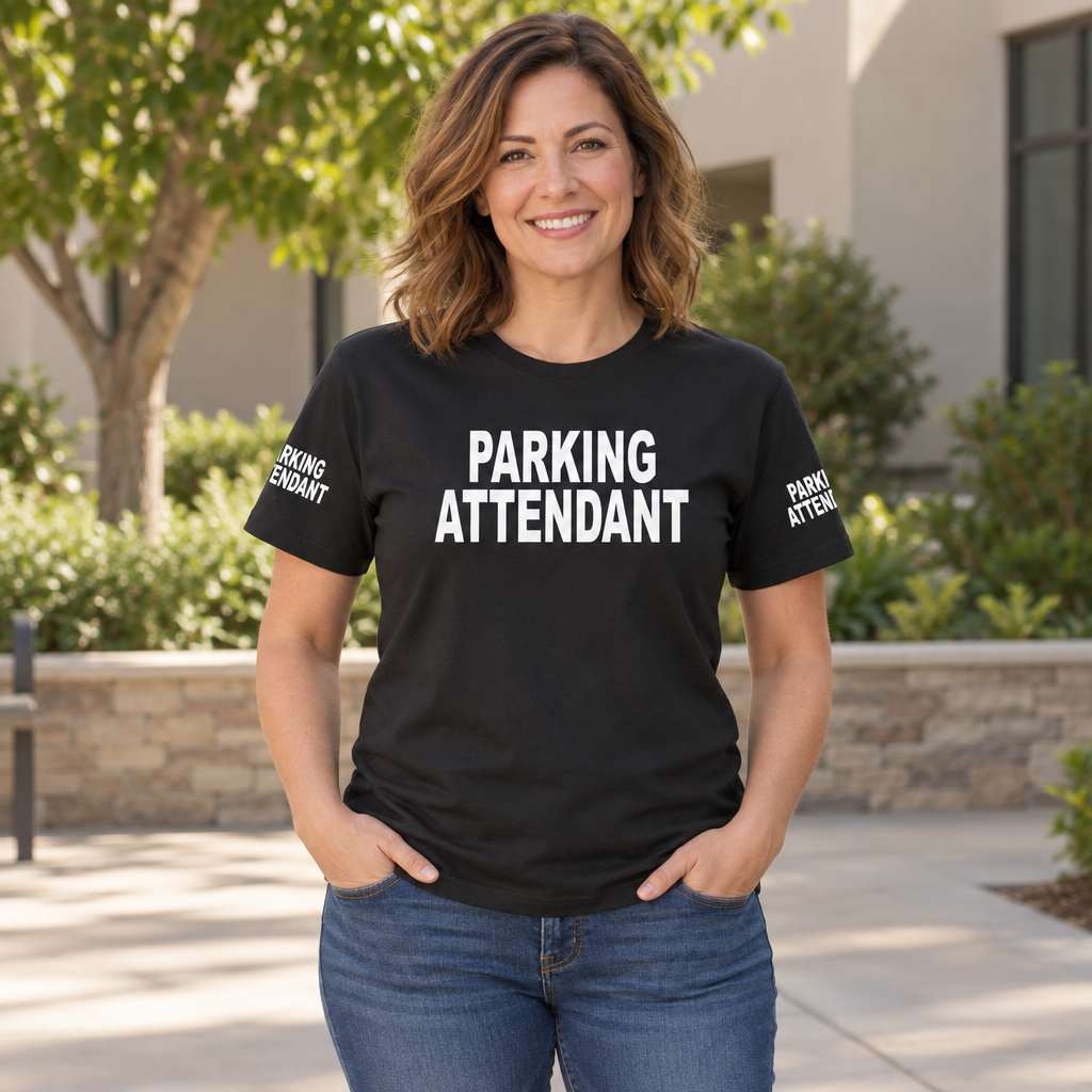Parking Attendant Front and Sleeve Lettering — Black T-Shirt — lifestyle alt